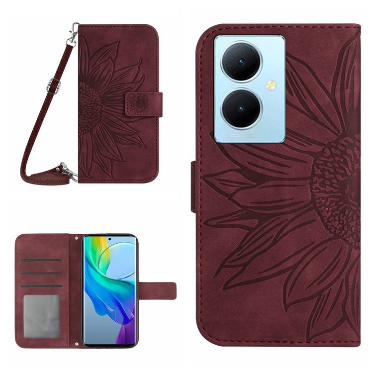 HT04 For vivo Y78+ 5G Sunflower Imprint Phone Case Leather Wallet Stand Shell with Shoulder Strap - Wine Red