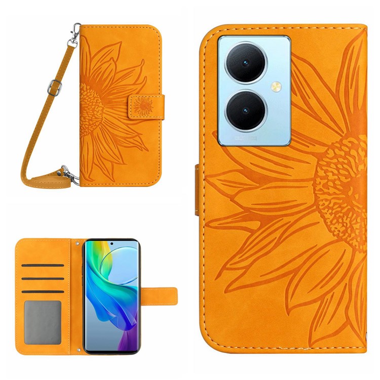 HT04 For vivo Y78+ 5G Sunflower Imprint Phone Case Leather Wallet Stand Shell with Shoulder Strap - Yellow