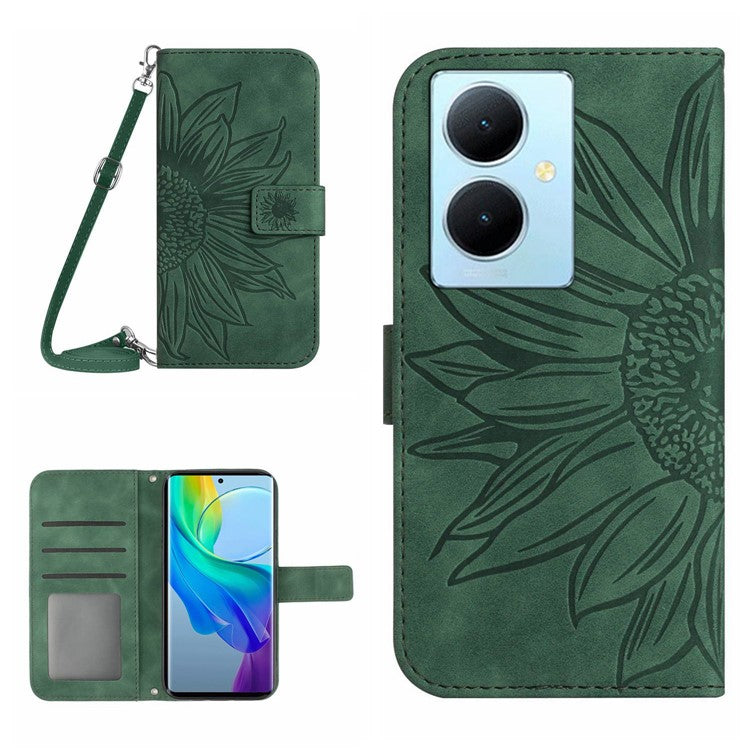 HT04 For vivo Y78+ 5G Sunflower Imprint Phone Case Leather Wallet Stand Shell with Shoulder Strap - Dark Green