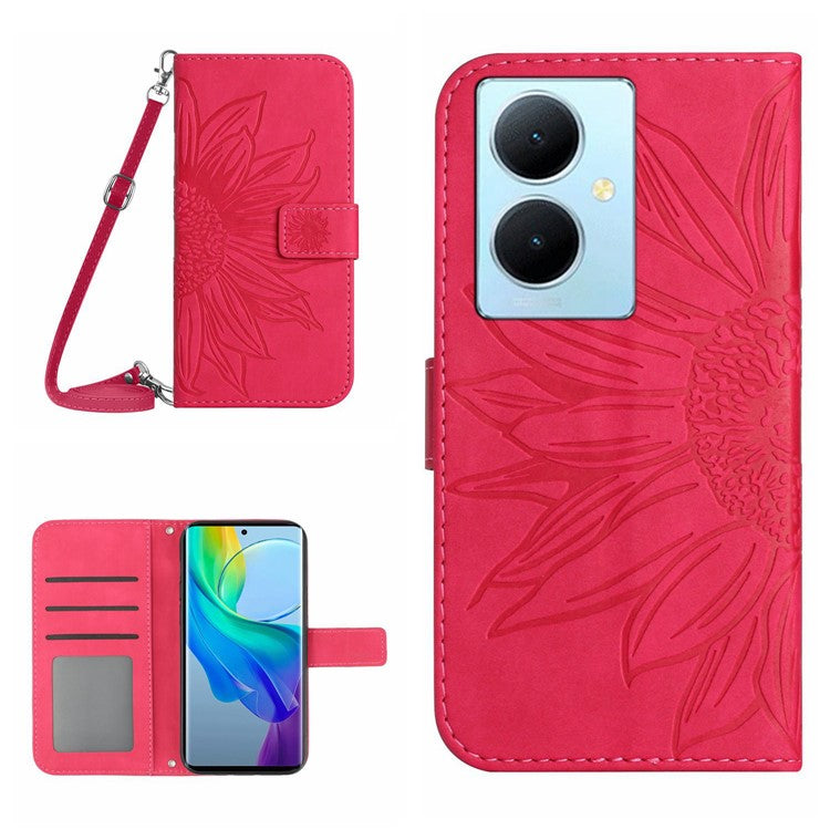 HT04 For vivo Y78+ 5G Sunflower Imprint Phone Case Leather Wallet Stand Shell with Shoulder Strap - Rose