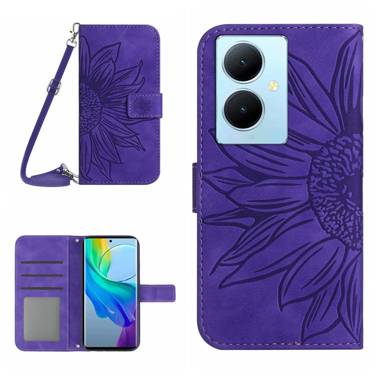 HT04 For vivo Y78+ 5G Sunflower Imprint Phone Case Leather Wallet Stand Shell with Shoulder Strap - Dark Purple