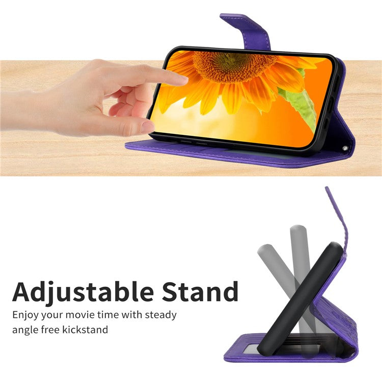 HT04 For vivo Y78+ 5G Sunflower Imprint Phone Case Leather Wallet Stand Shell with Shoulder Strap - Dark Purple