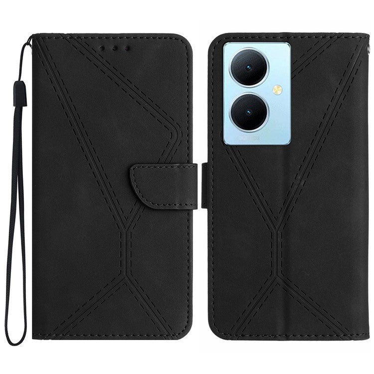 HT05 For vivo Y78+ 5G Flip Stand Wallet Leather Cover Skin-touch Imprinted Line Phone Case - Black