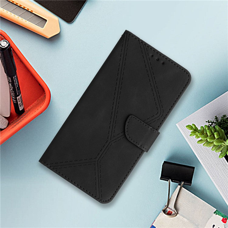 HT05 For vivo Y78+ 5G Flip Stand Wallet Leather Cover Skin-touch Imprinted Line Phone Case - Black