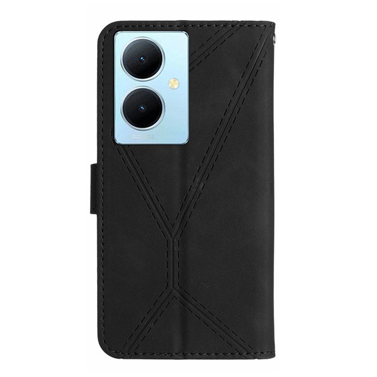 HT05 For vivo Y78+ 5G Flip Stand Wallet Leather Cover Skin-touch Imprinted Line Phone Case - Black