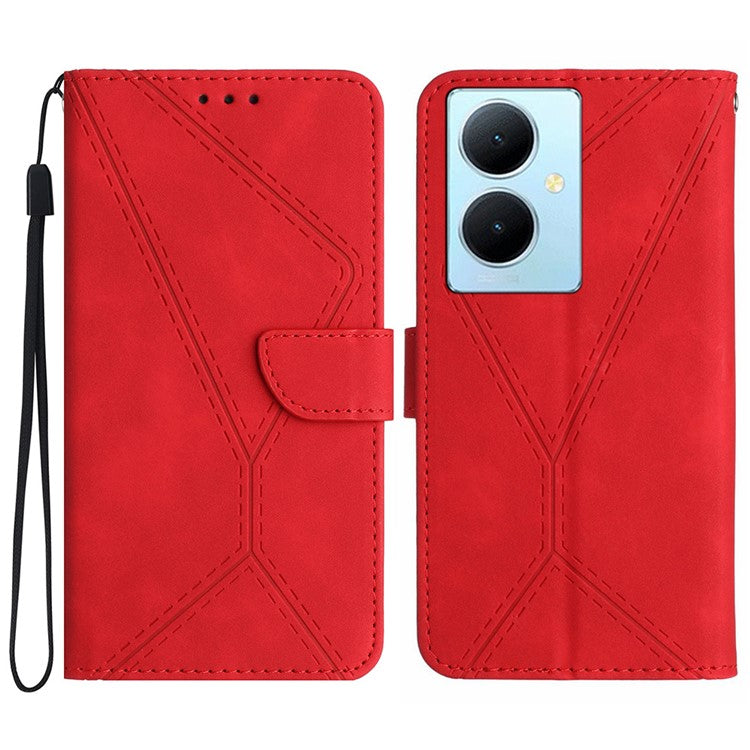 HT05 For vivo Y78+ 5G Flip Stand Wallet Leather Cover Skin-touch Imprinted Line Phone Case - Red