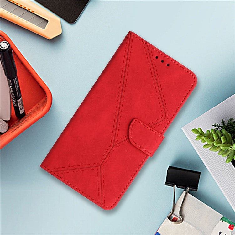 HT05 For vivo Y78+ 5G Flip Stand Wallet Leather Cover Skin-touch Imprinted Line Phone Case - Red