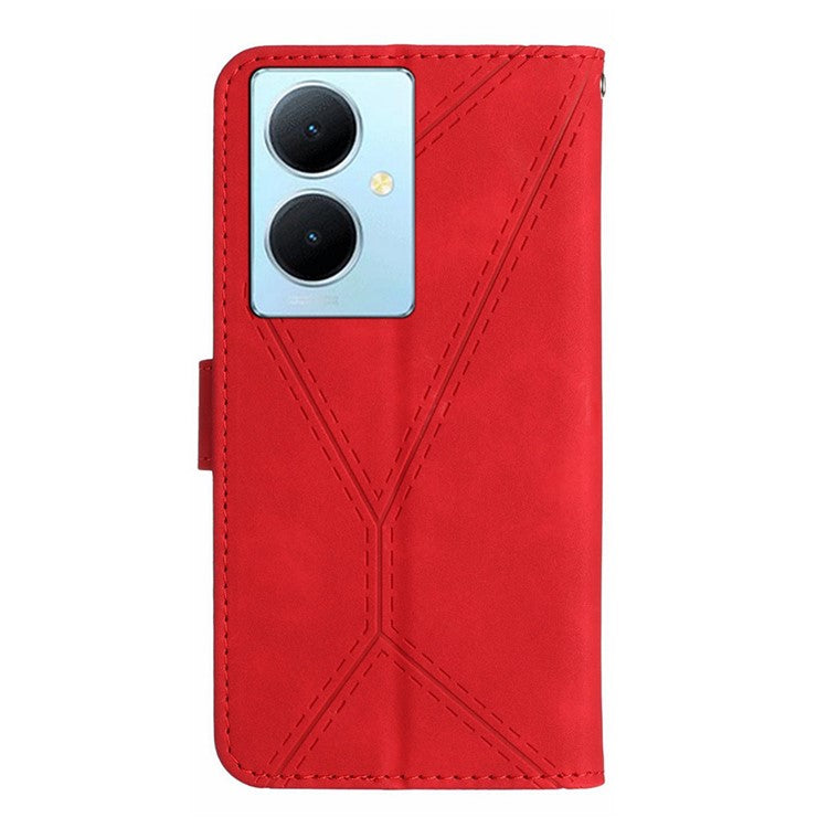 HT05 For vivo Y78+ 5G Flip Stand Wallet Leather Cover Skin-touch Imprinted Line Phone Case - Red