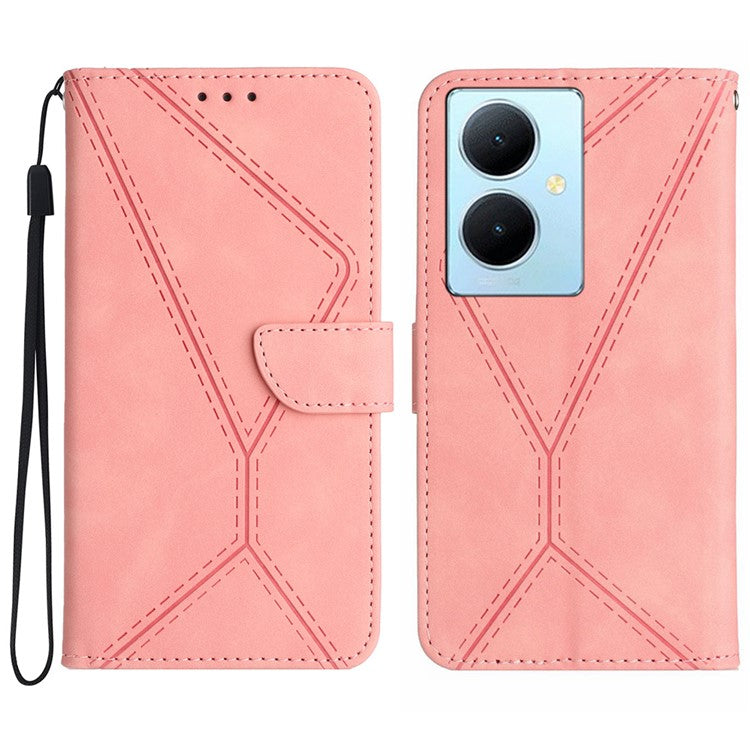 HT05 For vivo Y78+ 5G Flip Stand Wallet Leather Cover Skin-touch Imprinted Line Phone Case - Pink