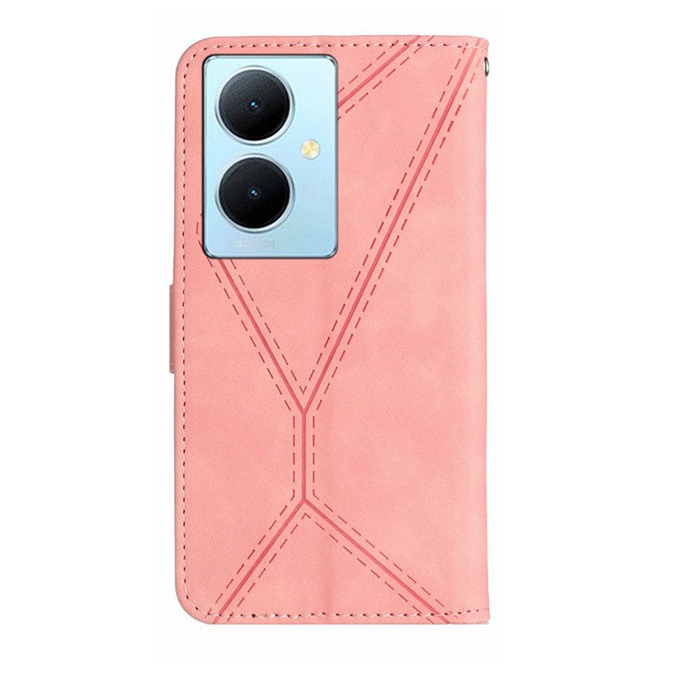 HT05 For vivo Y78+ 5G Flip Stand Wallet Leather Cover Skin-touch Imprinted Line Phone Case - Pink