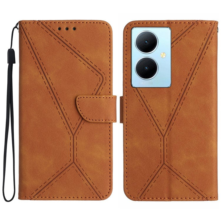 HT05 For vivo Y78+ 5G Flip Stand Wallet Leather Cover Skin-touch Imprinted Line Phone Case - Brown