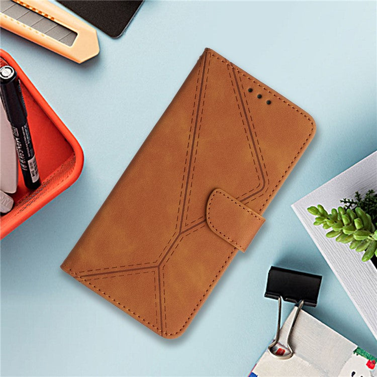 HT05 For vivo Y78+ 5G Flip Stand Wallet Leather Cover Skin-touch Imprinted Line Phone Case - Brown