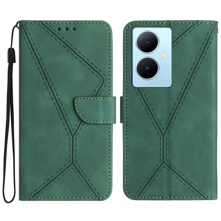 HT05 For vivo Y78+ 5G Flip Stand Wallet Leather Cover Skin-touch Imprinted Line Phone Case - Green