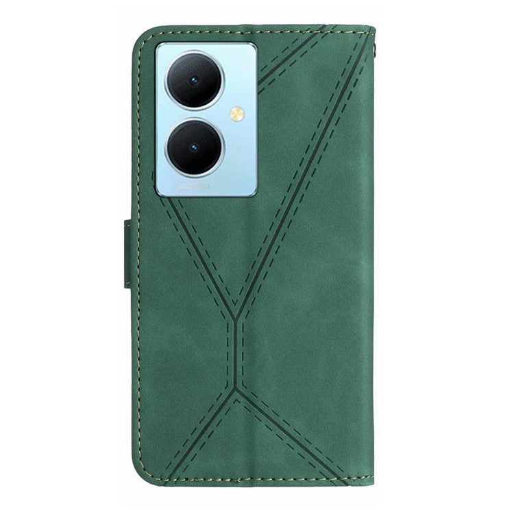 HT05 For vivo Y78+ 5G Flip Stand Wallet Leather Cover Skin-touch Imprinted Line Phone Case - Green