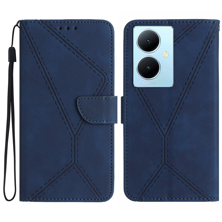 HT05 For vivo Y78+ 5G Flip Stand Wallet Leather Cover Skin-touch Imprinted Line Phone Case - Blue