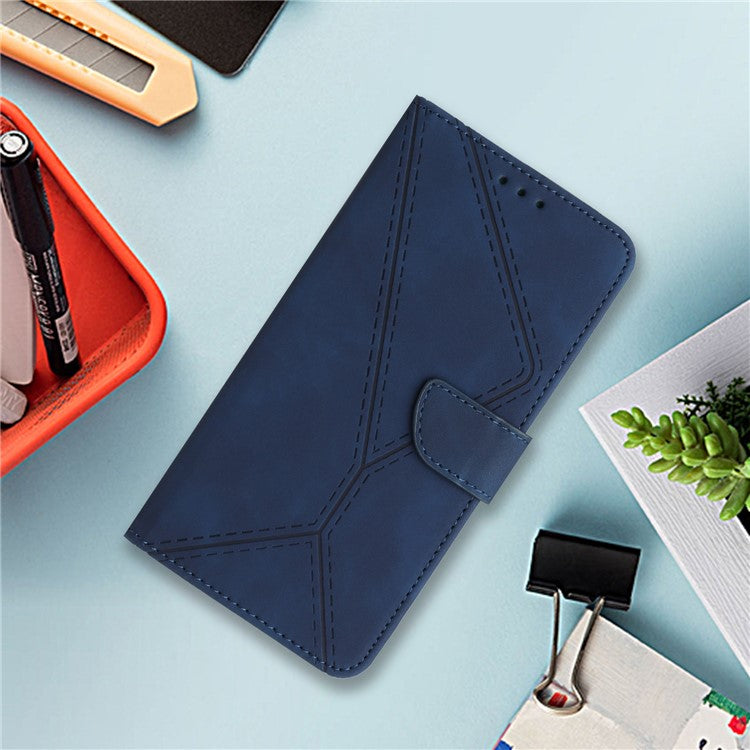 HT05 For vivo Y78+ 5G Flip Stand Wallet Leather Cover Skin-touch Imprinted Line Phone Case - Blue