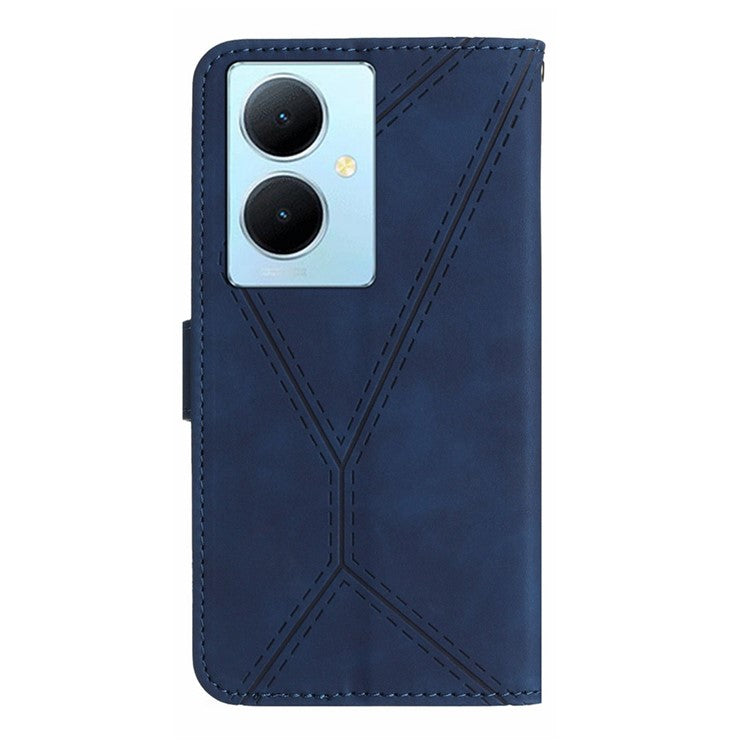 HT05 For vivo Y78+ 5G Flip Stand Wallet Leather Cover Skin-touch Imprinted Line Phone Case - Blue