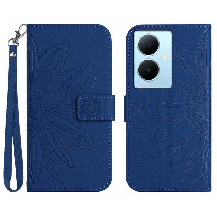 HT04 Phone Case for vivo Y78+ 5G , Leather Wallet Sunflower Pattern Stand Cover with Hand Strap - Sapphire