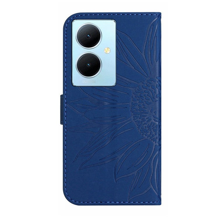 HT04 Phone Case for vivo Y78+ 5G , Leather Wallet Sunflower Pattern Stand Cover with Hand Strap - Sapphire