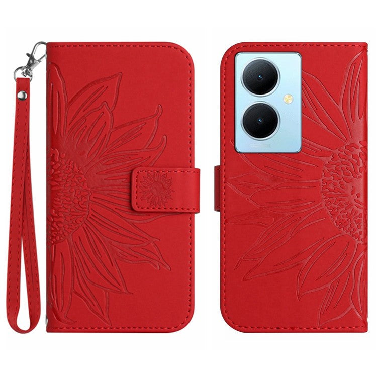 HT04 Phone Case for vivo Y78+ 5G , Leather Wallet Sunflower Pattern Stand Cover with Hand Strap - Red