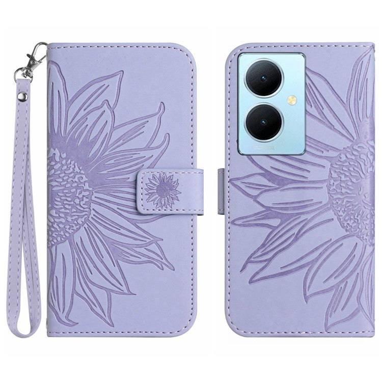 HT04 Phone Case for vivo Y78+ 5G , Leather Wallet Sunflower Pattern Stand Cover with Hand Strap - Light Purple