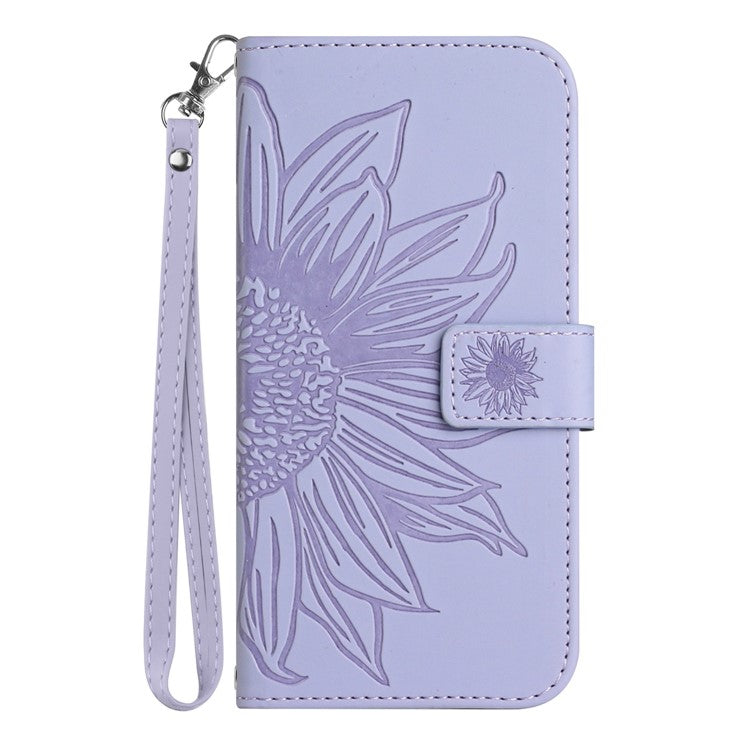 HT04 Phone Case for vivo Y78+ 5G , Leather Wallet Sunflower Pattern Stand Cover with Hand Strap - Light Purple