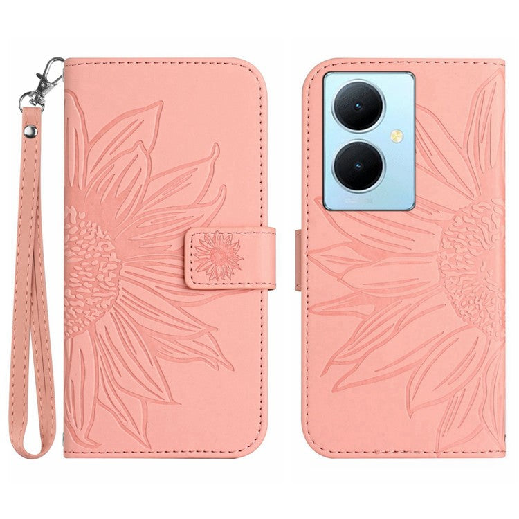 HT04 Phone Case for vivo Y78+ 5G , Leather Wallet Sunflower Pattern Stand Cover with Hand Strap - Light Pink