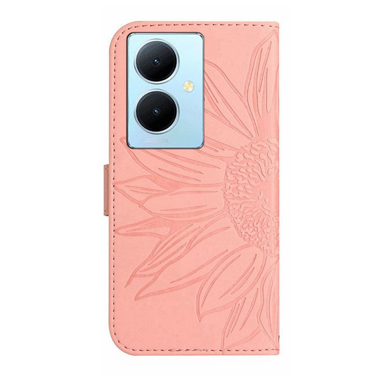 HT04 Phone Case for vivo Y78+ 5G , Leather Wallet Sunflower Pattern Stand Cover with Hand Strap - Light Pink