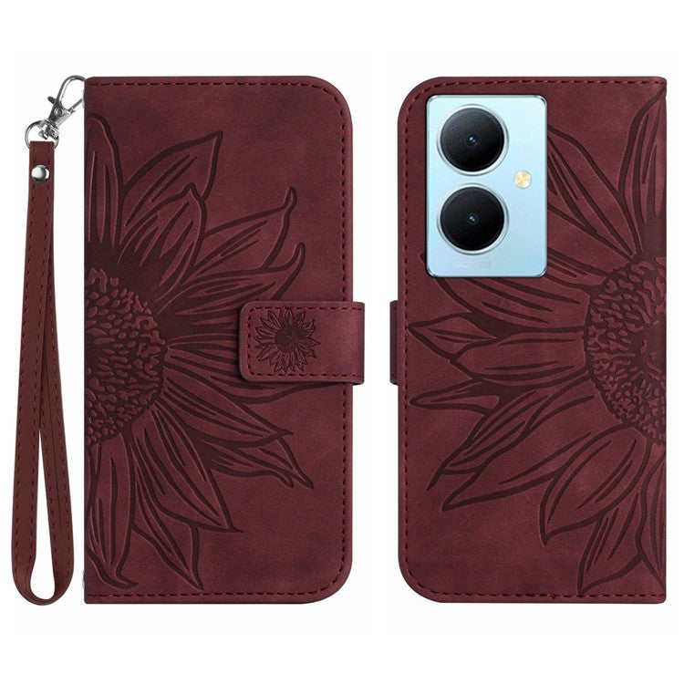 HT04 Phone Case for vivo Y78+ 5G , Leather Wallet Sunflower Pattern Stand Cover with Hand Strap - Wine Red