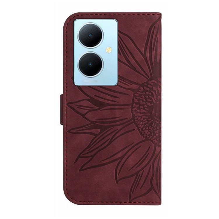 HT04 Phone Case for vivo Y78+ 5G , Leather Wallet Sunflower Pattern Stand Cover with Hand Strap - Wine Red