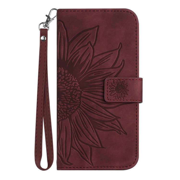 HT04 Phone Case for vivo Y78+ 5G , Leather Wallet Sunflower Pattern Stand Cover with Hand Strap - Wine Red