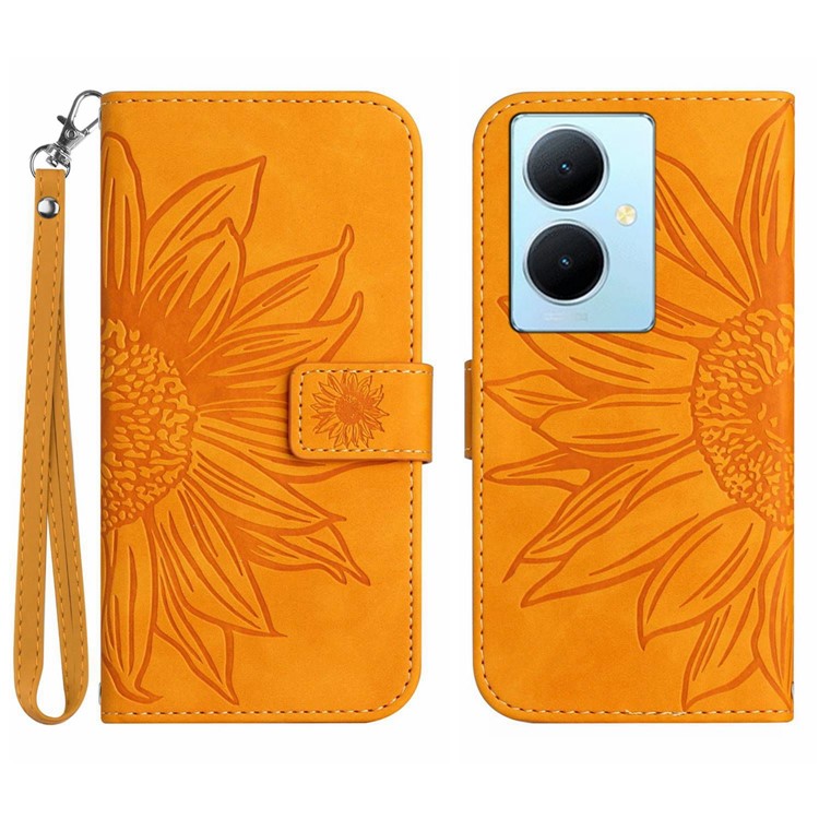 HT04 Phone Case for vivo Y78+ 5G , Leather Wallet Sunflower Pattern Stand Cover with Hand Strap - Yellow