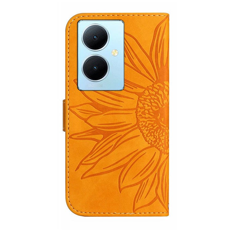 HT04 Phone Case for vivo Y78+ 5G , Leather Wallet Sunflower Pattern Stand Cover with Hand Strap - Yellow