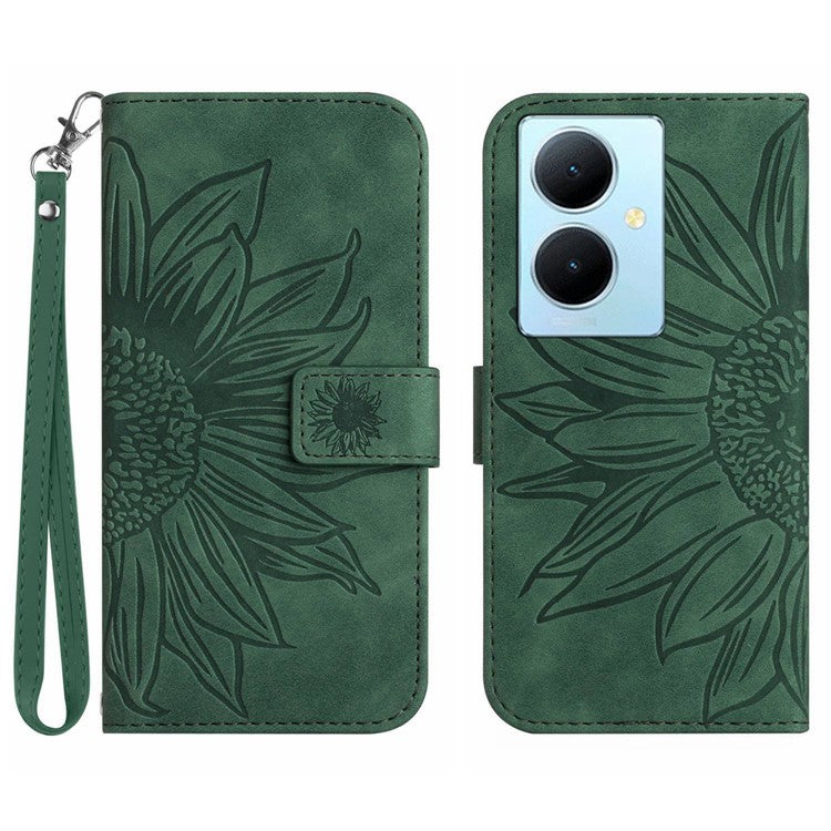 HT04 Phone Case for vivo Y78+ 5G , Leather Wallet Sunflower Pattern Stand Cover with Hand Strap - Dark Green