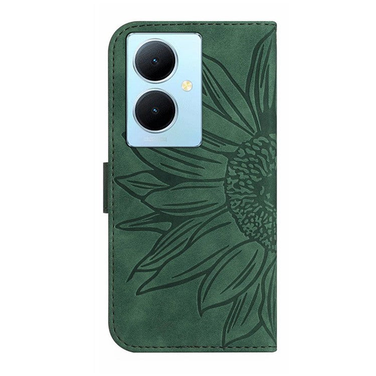 HT04 Phone Case for vivo Y78+ 5G , Leather Wallet Sunflower Pattern Stand Cover with Hand Strap - Dark Green