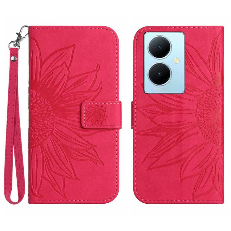 HT04 Phone Case for vivo Y78+ 5G , Leather Wallet Sunflower Pattern Stand Cover with Hand Strap - Rose