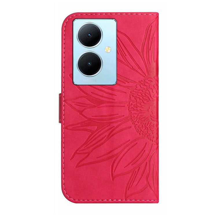 HT04 Phone Case for vivo Y78+ 5G , Leather Wallet Sunflower Pattern Stand Cover with Hand Strap - Rose