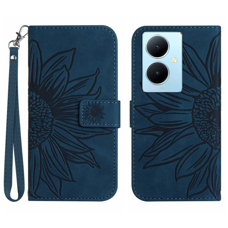 HT04 Phone Case for vivo Y78+ 5G , Leather Wallet Sunflower Pattern Stand Cover with Hand Strap - Dark Blue