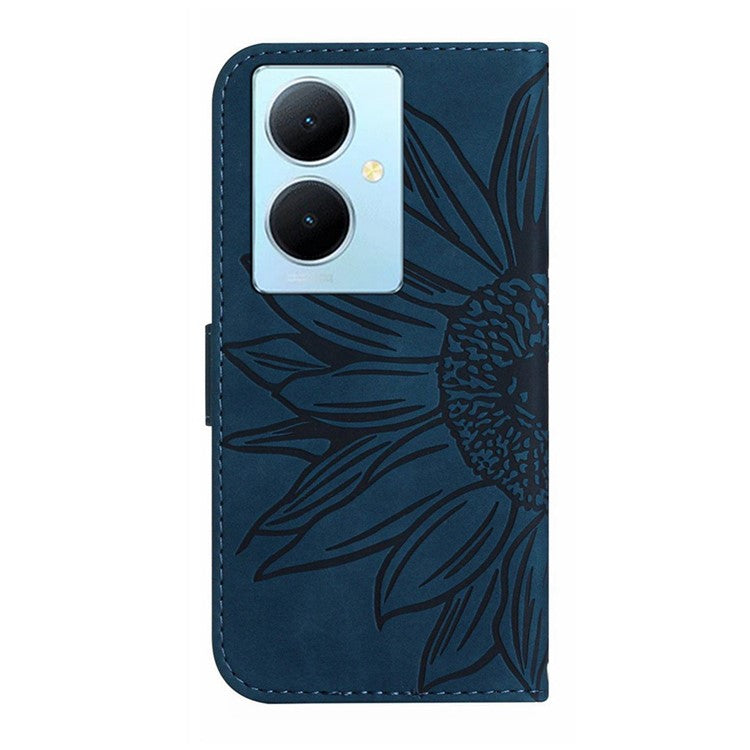 HT04 Phone Case for vivo Y78+ 5G , Leather Wallet Sunflower Pattern Stand Cover with Hand Strap - Dark Blue