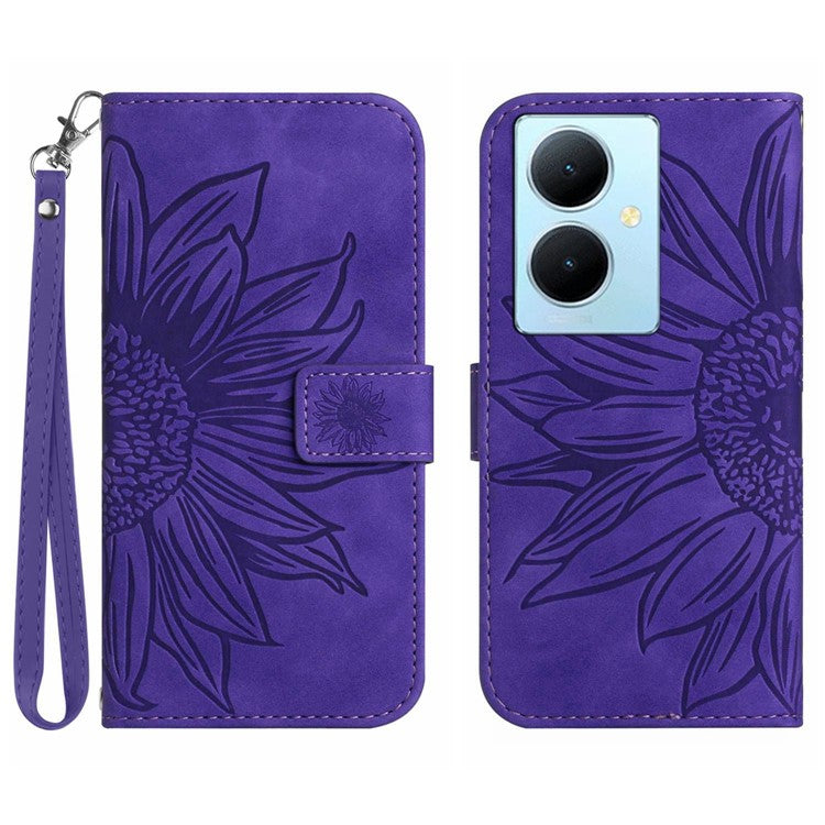 HT04 Phone Case for vivo Y78+ 5G , Leather Wallet Sunflower Pattern Stand Cover with Hand Strap - Dark Purple