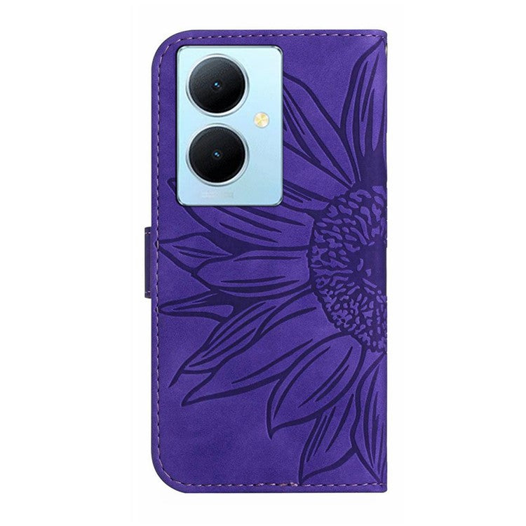 HT04 Phone Case for vivo Y78+ 5G , Leather Wallet Sunflower Pattern Stand Cover with Hand Strap - Dark Purple