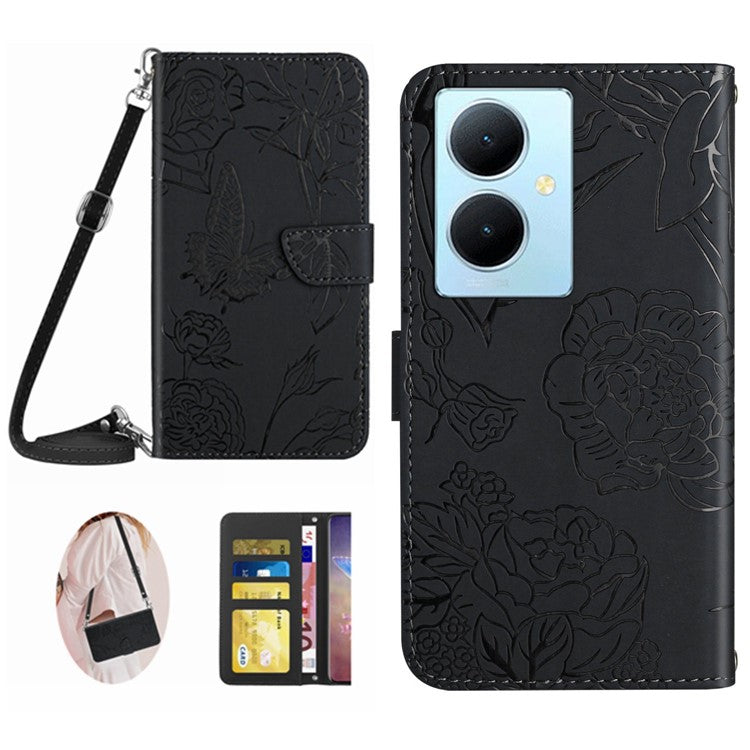 HT03 For vivo Y78+ 5G PU Leather Phone Cover Imprinted Flip Stand Wallet Case with Shoulder Strap - Black