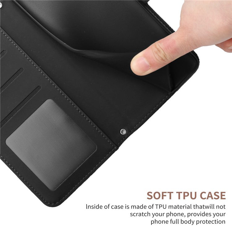 HT03 For vivo Y78+ 5G PU Leather Phone Cover Imprinted Flip Stand Wallet Case with Shoulder Strap - Black