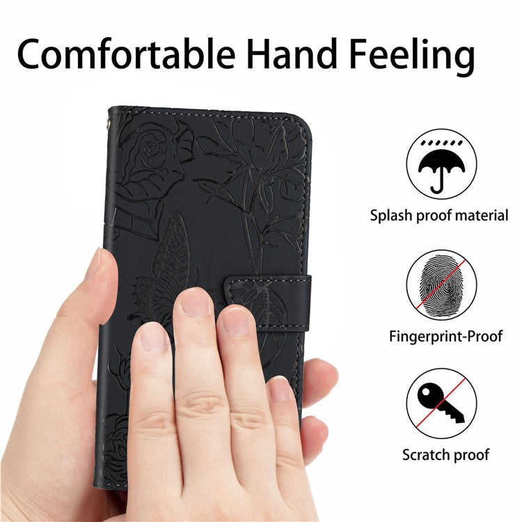 HT03 For vivo Y78+ 5G PU Leather Phone Cover Imprinted Flip Stand Wallet Case with Shoulder Strap - Black