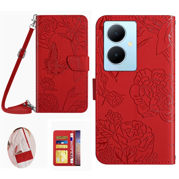 HT03 For vivo Y78+ 5G PU Leather Phone Cover Imprinted Flip Stand Wallet Case with Shoulder Strap - Red