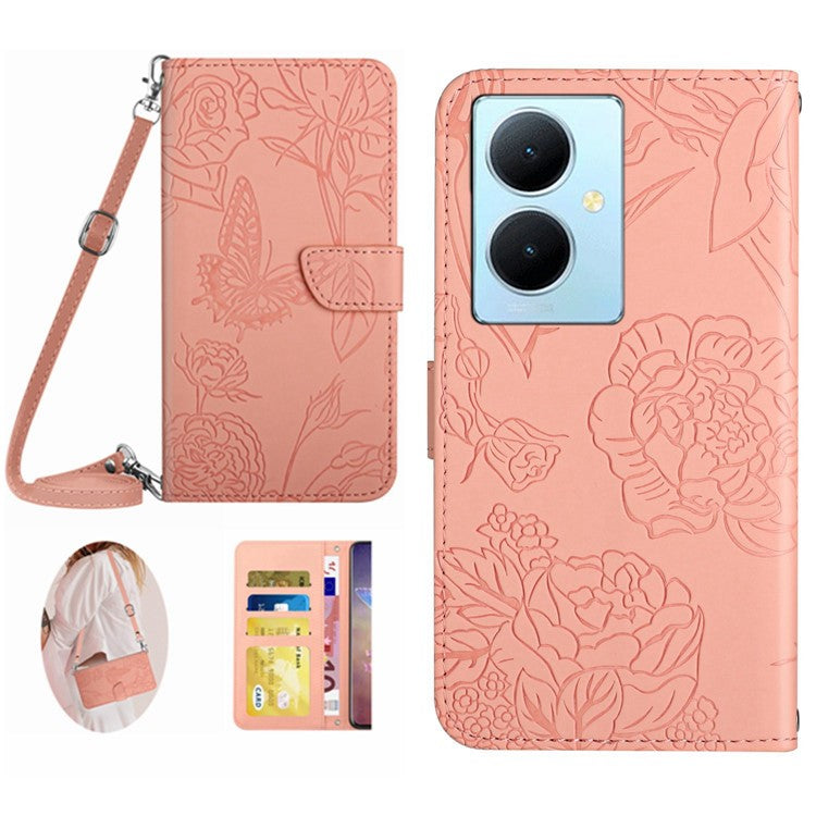 HT03 For vivo Y78+ 5G PU Leather Phone Cover Imprinted Flip Stand Wallet Case with Shoulder Strap - Pink