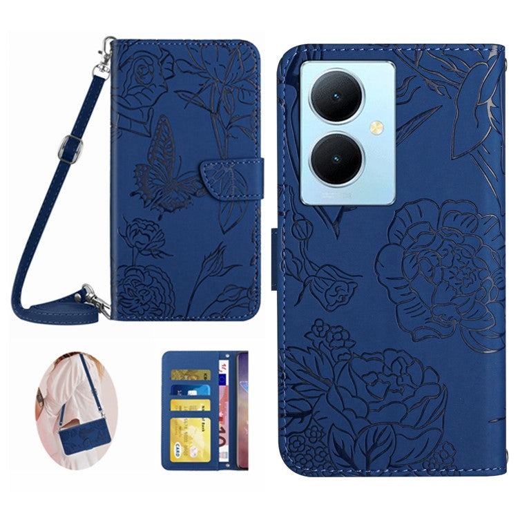 HT03 For vivo Y78+ 5G PU Leather Phone Cover Imprinted Flip Stand Wallet Case with Shoulder Strap - Blue