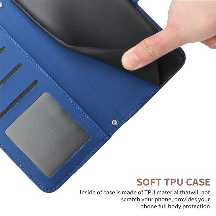 HT03 For vivo Y78+ 5G PU Leather Phone Cover Imprinted Flip Stand Wallet Case with Shoulder Strap - Blue