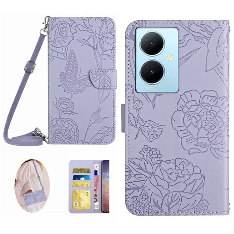 HT03 For vivo Y78+ 5G PU Leather Phone Cover Imprinted Flip Stand Wallet Case with Shoulder Strap - Purple