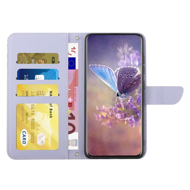 HT03 For vivo Y78+ 5G PU Leather Phone Cover Imprinted Flip Stand Wallet Case with Shoulder Strap - Purple